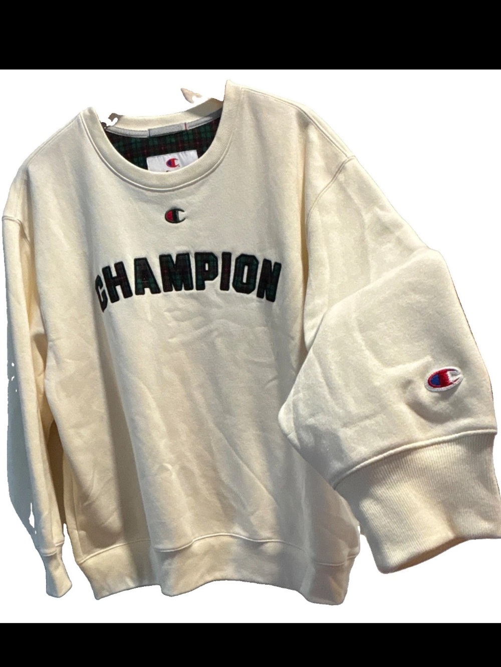 NWOT Champion cotton pullover creme tartan Christmas sweatshirt green Plaid  2XL